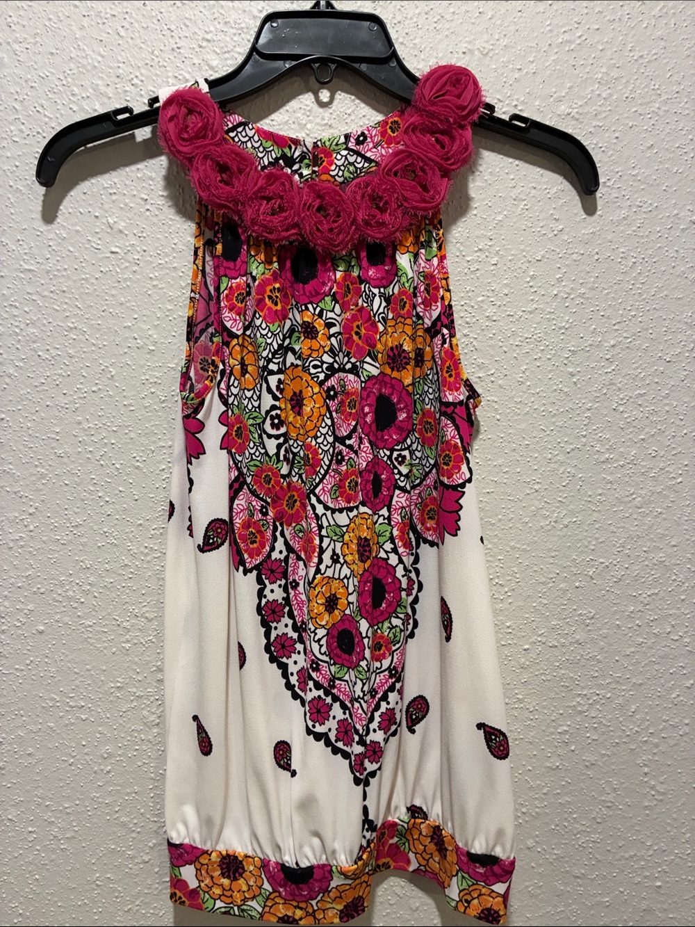 Rampage Bright Pink Floral Halter Top with Rosette Accent